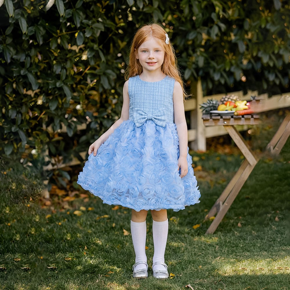 Girls Tweed Rosette Tulle Party Dress Elegant Sleeveless Birthday Wedding Gown