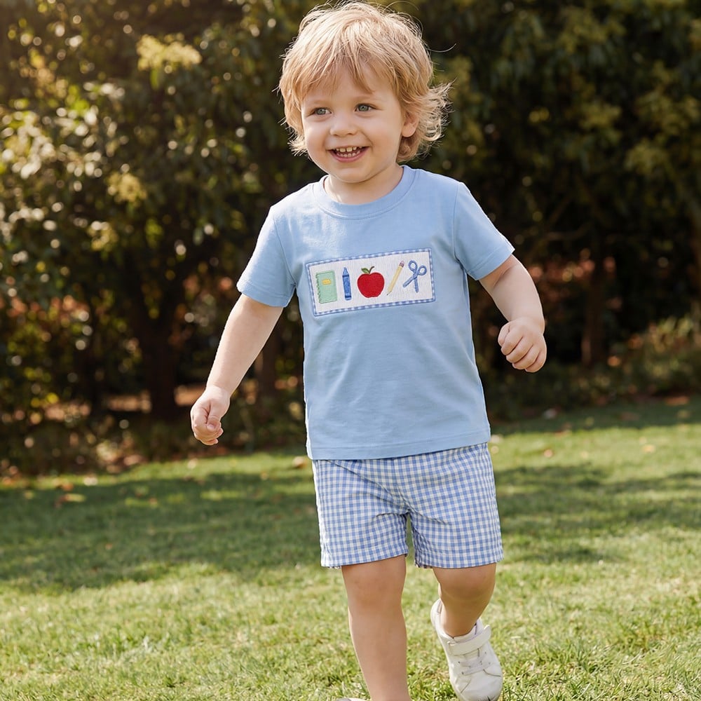 Boys Back-to-School Smocked Embroidery T-Shirt & Gingham Shorts Set