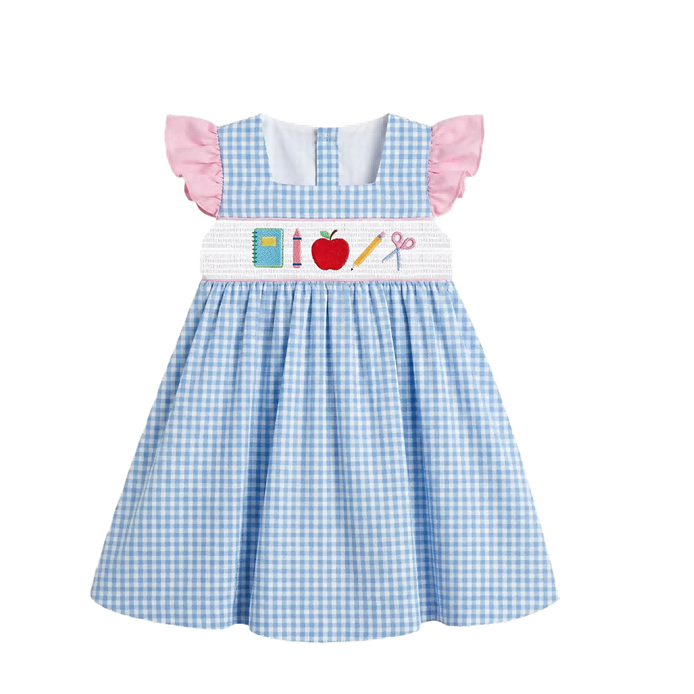 New Back-to-School Smocked Embroidery Gingham Girls Dresses with Flutter Sleeves