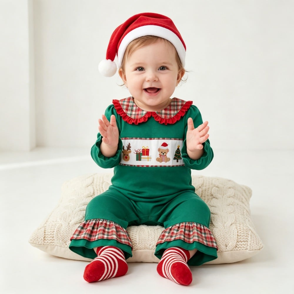 Christmas Embroidery Peter Collar Ruffle Green Baby Girl Bodysuit Romper