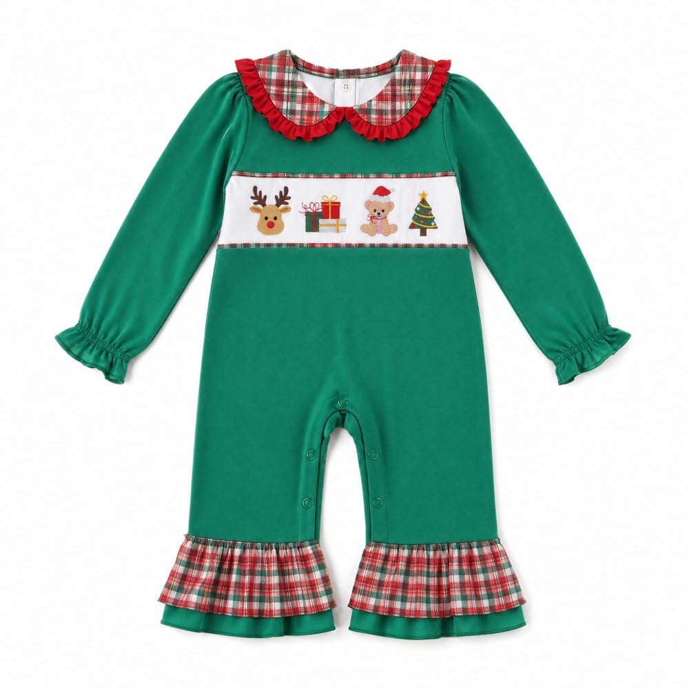 Christmas Embroidery Peter Collar Ruffle Green Baby Girl Bodysuit Romper