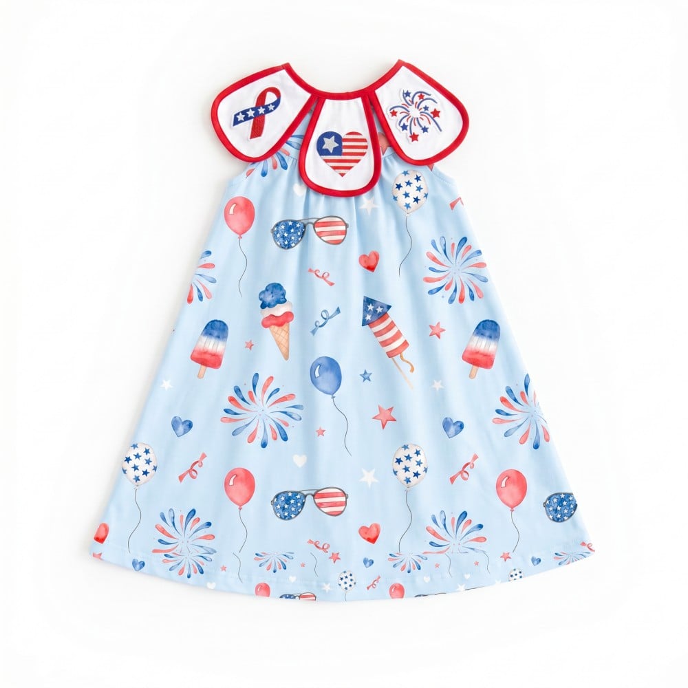 4th of July Print Petal Collar 100% Cotton Embroidery Girls Dress
