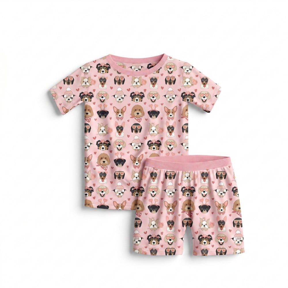 Puppy Print Short Sleeve Short Soft Bamboo Viscose Children Pajama Set