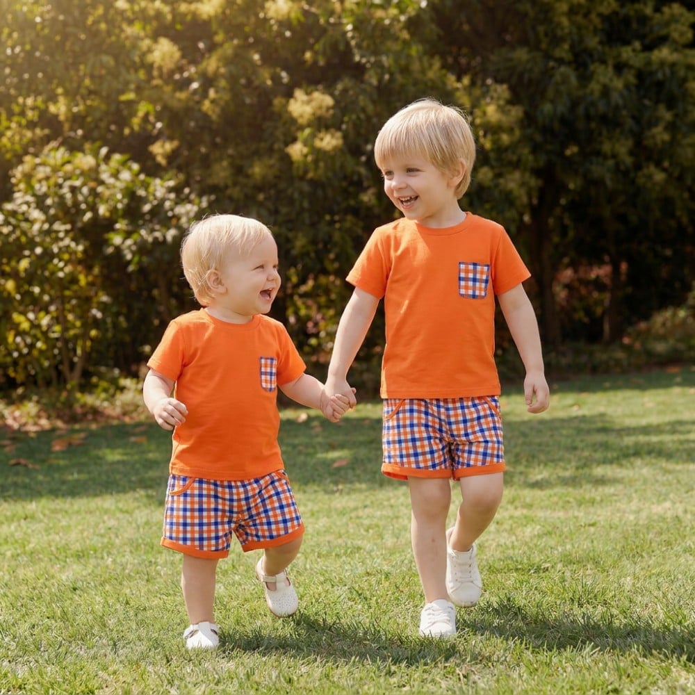 Football Team Gingham Print 100% Cotton Boys Clothing Set