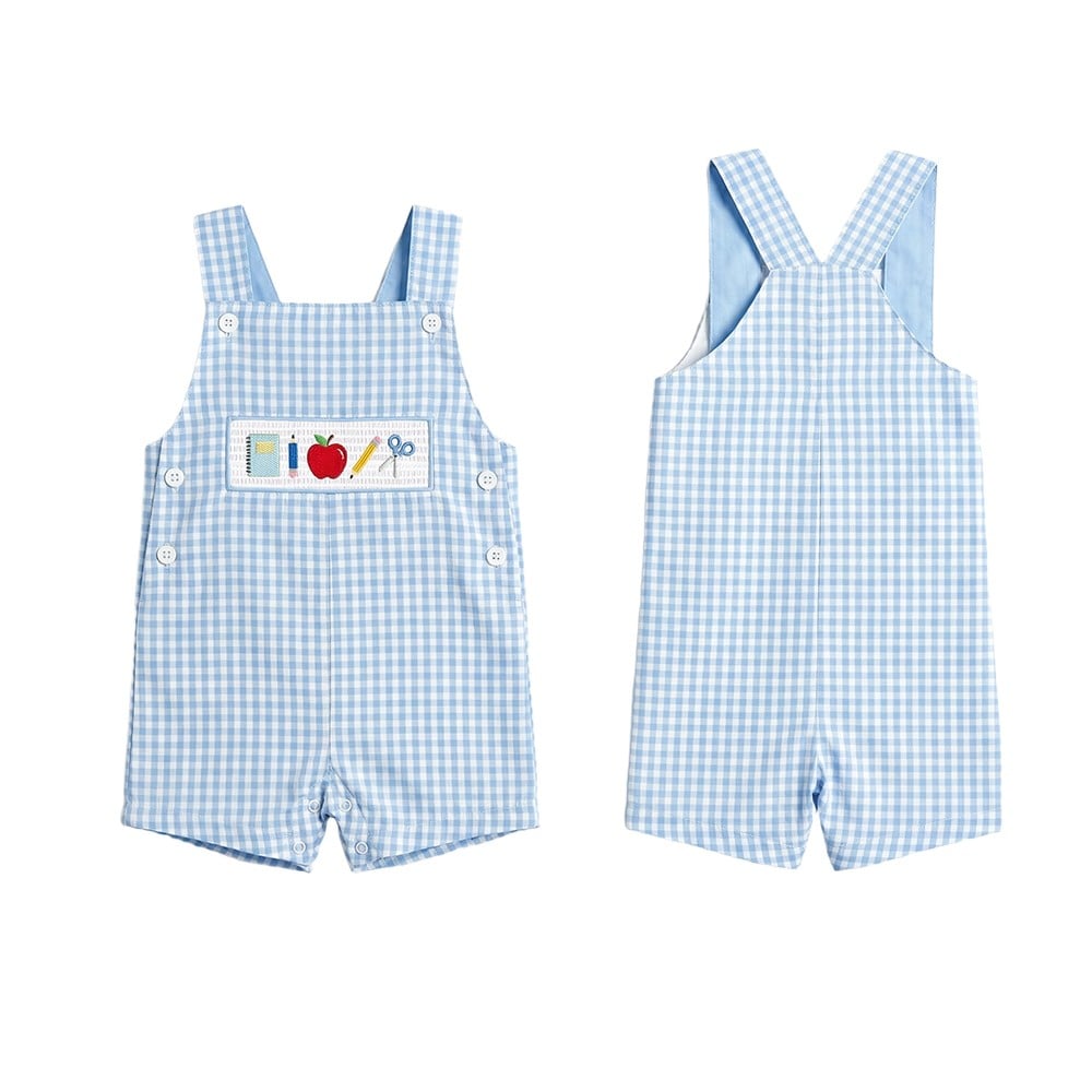 Baby Boys Back-to-School Gingham Embroidery Shortall Smocked Romper