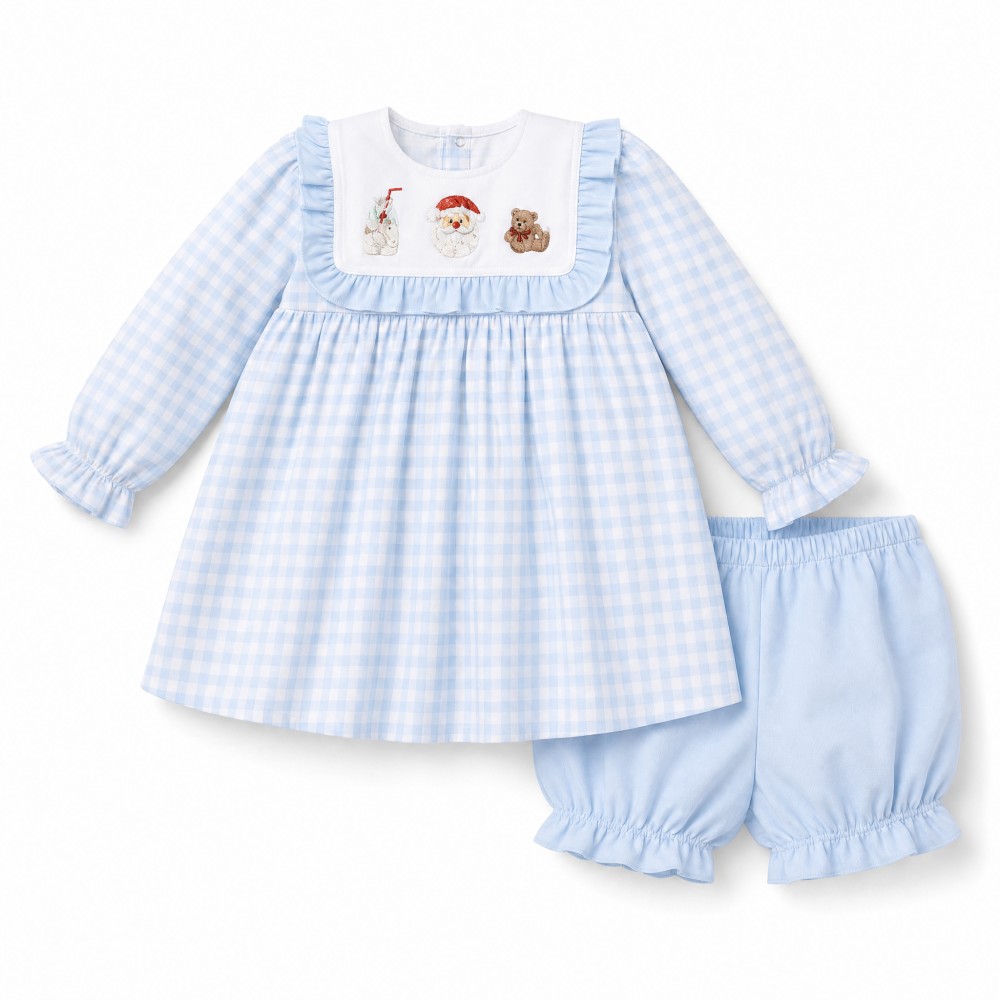 Christmas Embroidered Blue Gingham Girls Dress Bubble Short Set