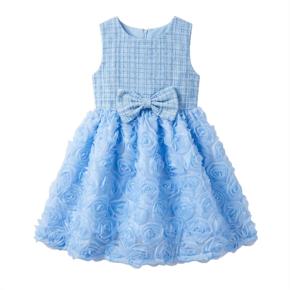 Girls Tweed Rosette Tulle Party Dress Elegant Sleeveless Birthday Wedding Gown