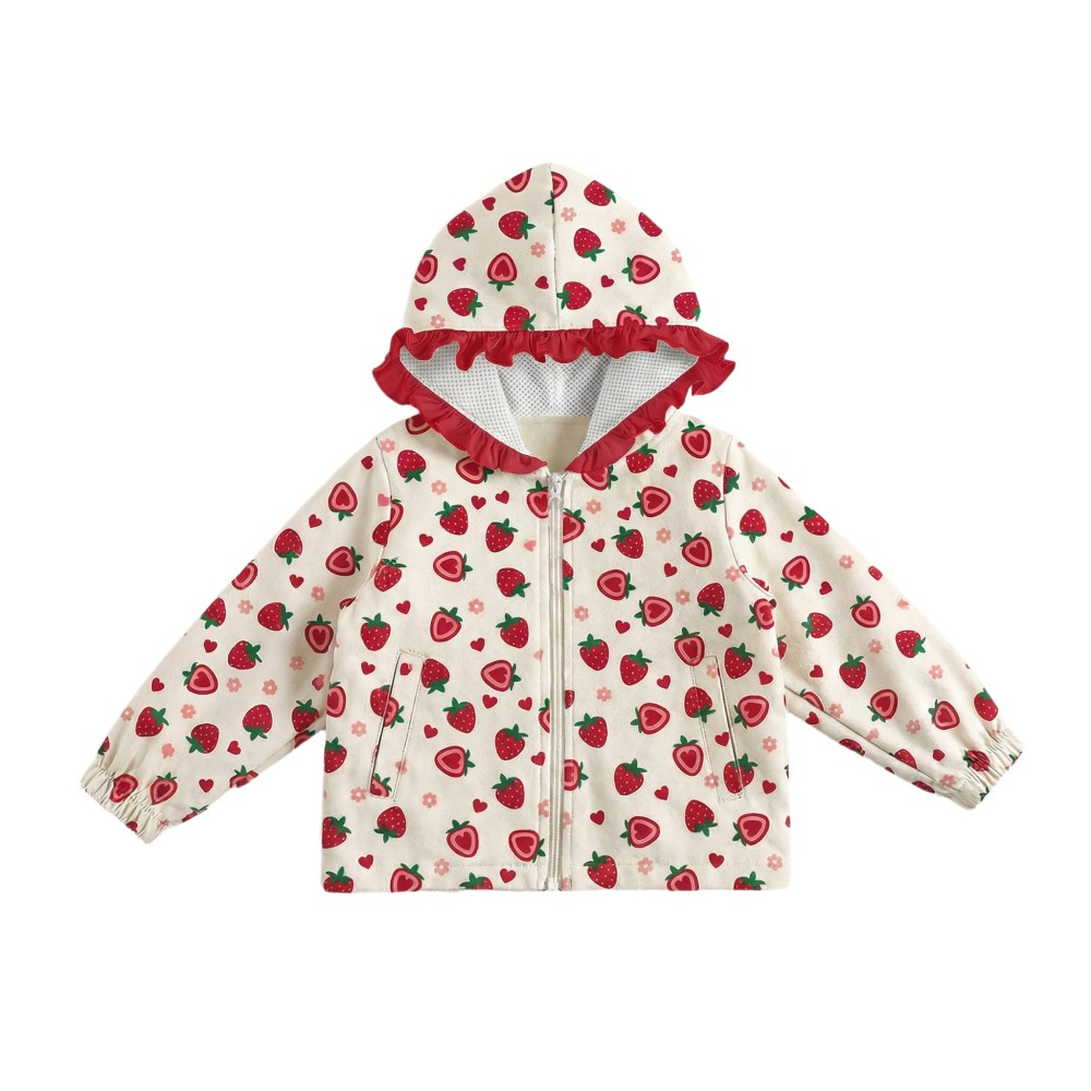 Wholesale Low MOQ Waterproof Girls Strawberry Print Hooded Jacket with Ruffle