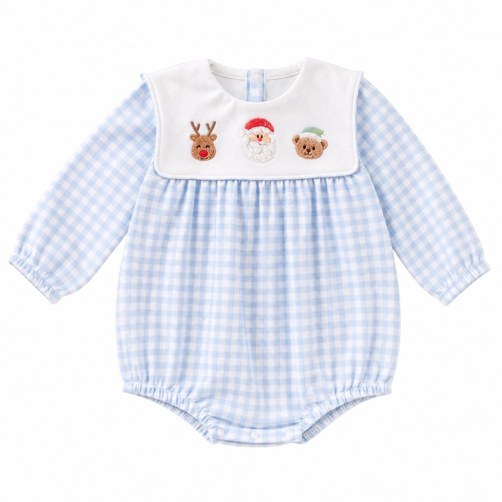 Christmas Embroidered Bib Collar Blue Gingham Baby Boy Bubble Romper