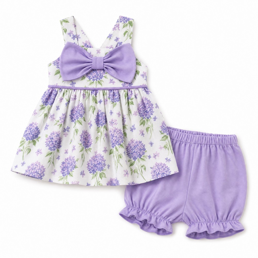 Girls Purple Hydrangea Floral Top & Bloomer Set with Bow
