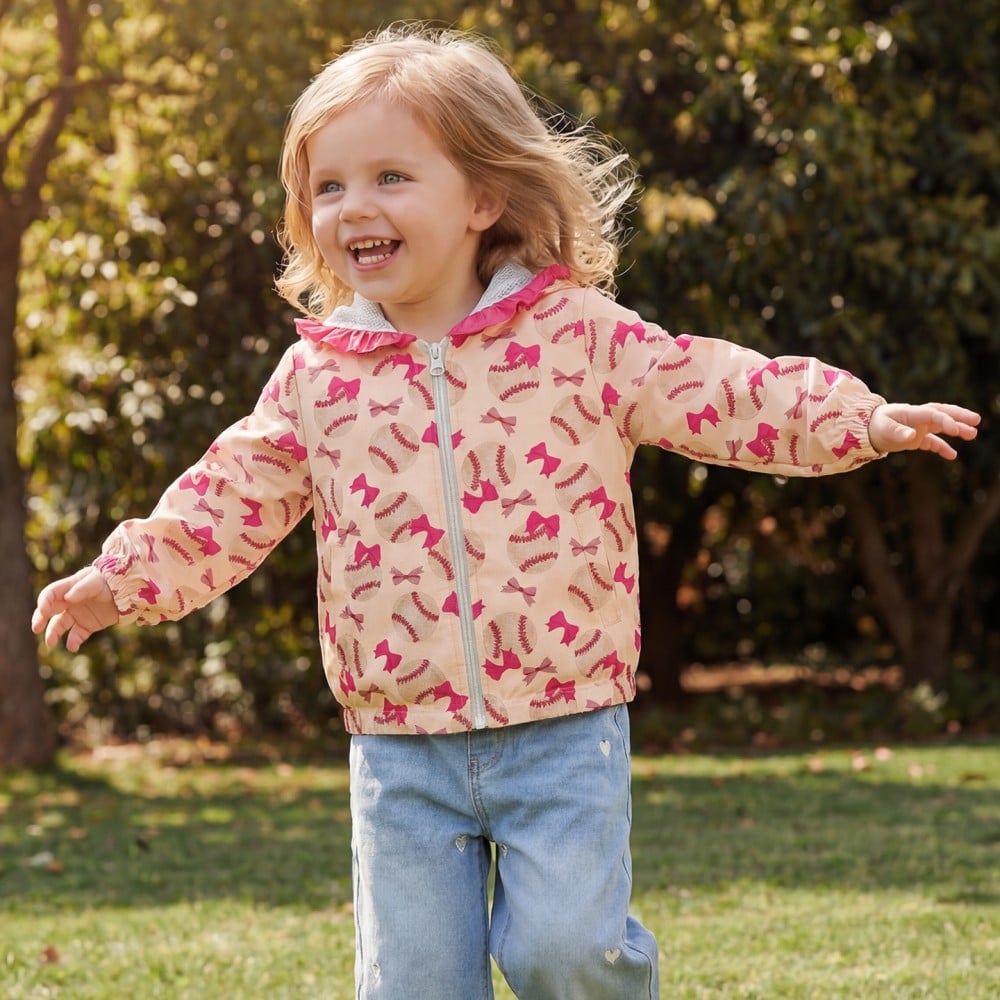 Factory Girls Baseball & Bow Print Waterproof Hooded Jacket with Ruffle