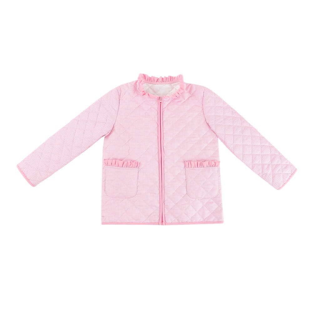 Girls Gingham Quilted Jacket Ruffle Collar Zipper Lightweight Warm Winter Coat