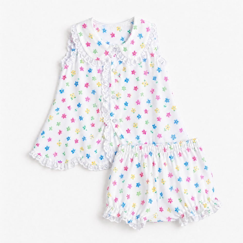 Girls Colorful Ditsy Floral Sleeveless Top & Shorts Set Lace Trim Cotton Summer Outfit
