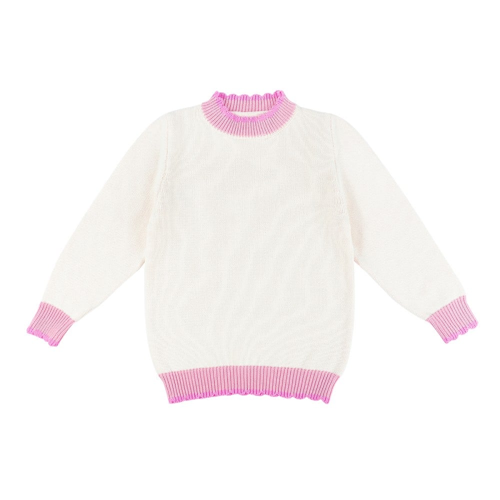 Girls Ivory Knit Sweater with Pink Scalloped Trim Soft Crew Neck Pullover
