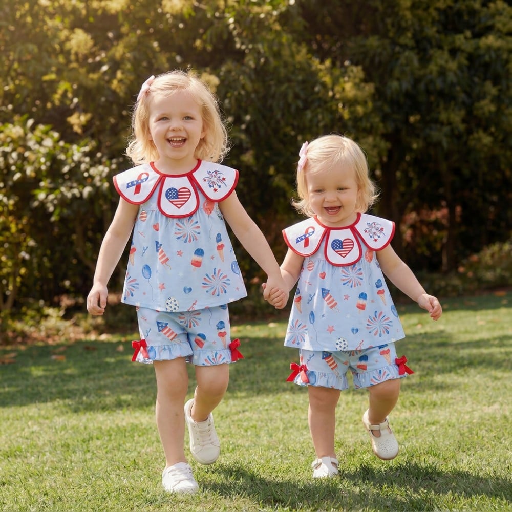 4th of July Petal Collar 100% Cotton Embroidery Girls Clothing Set