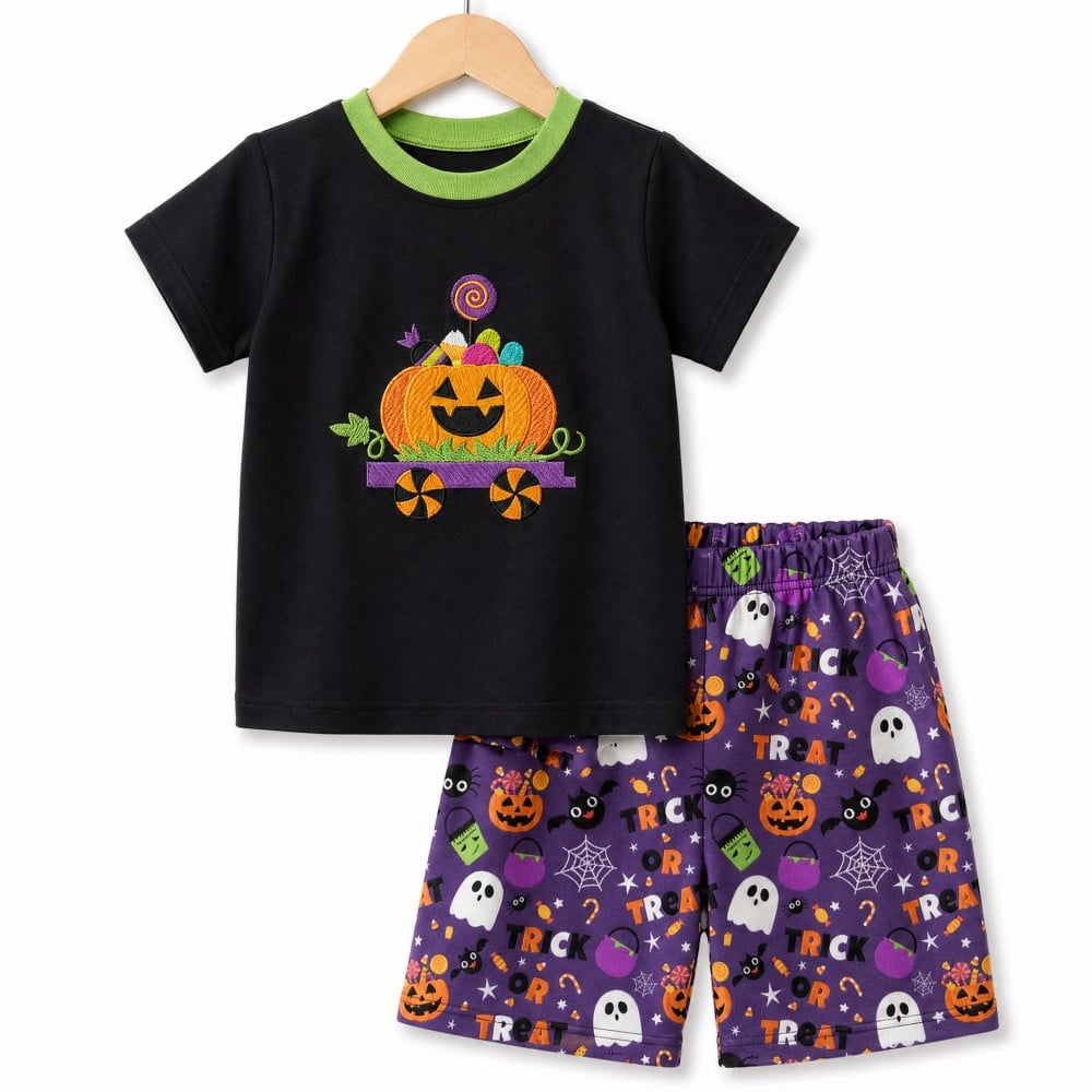 Girls Halloween Flutter Sleeve Shorts Set Machine Embroidered Pumpkin Wagon Outfit