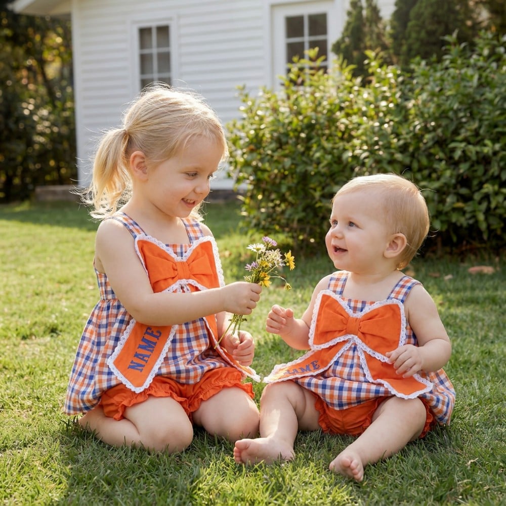 Football Team Embroidery Big Bow 100% Cotton Girls Bloomer Set