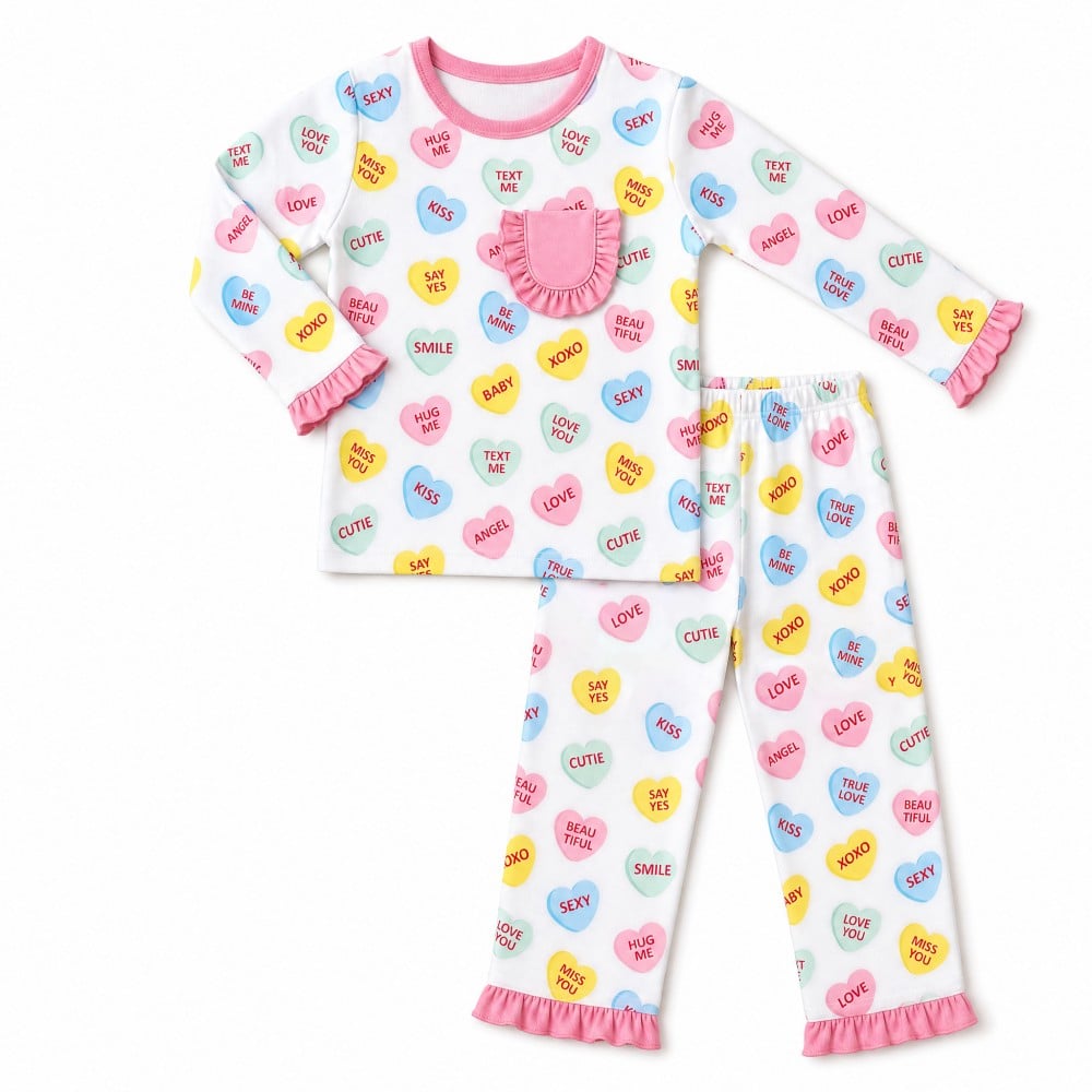 Valentine's Day Heart Print Pink Ruffle Bamboo Viscose Girl Pajamas