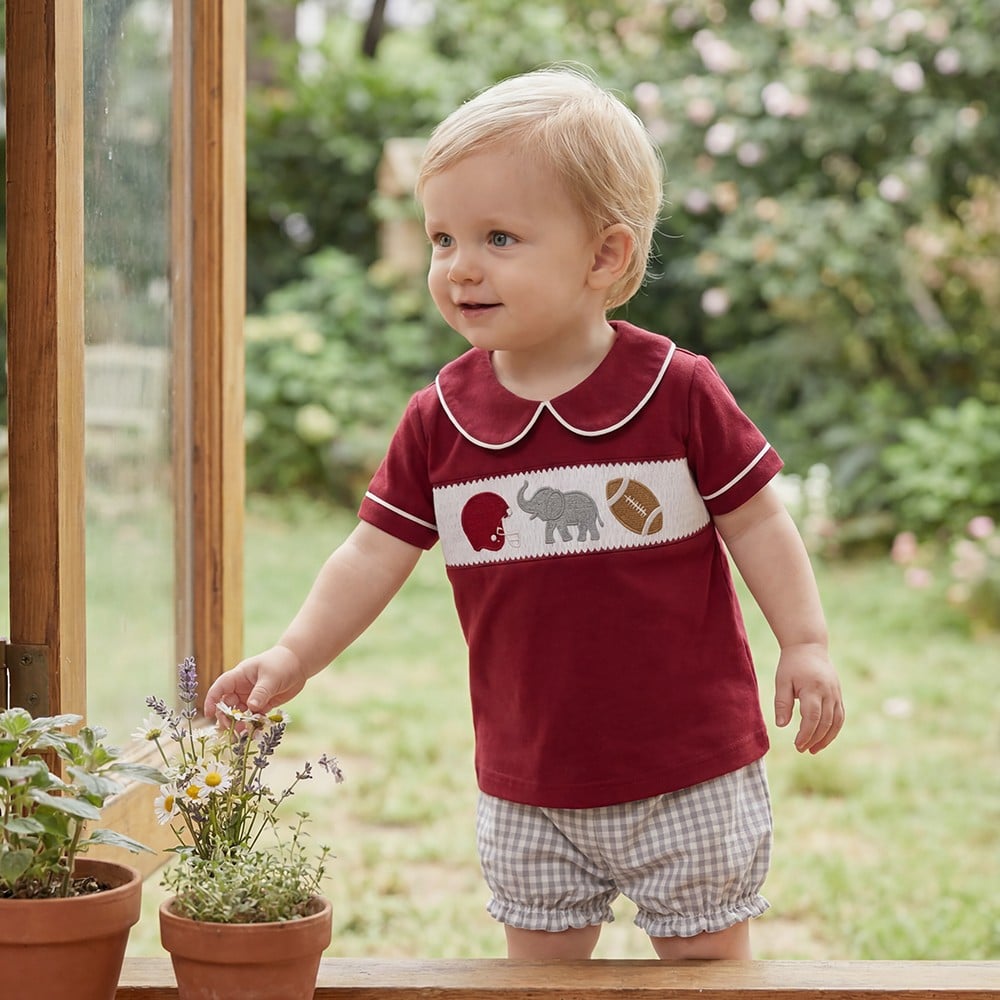 Football Embroidery Smocked Peter Collar Sport Bubble Boys Clothing Set