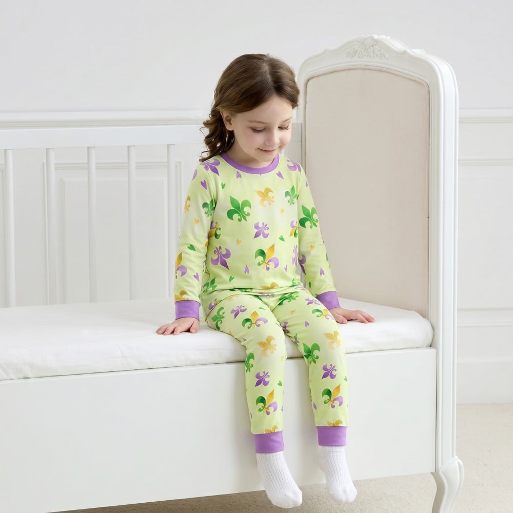 Mardi Gras Print Soft Touch Bamboo Viscose Long Kids Pajama Set
