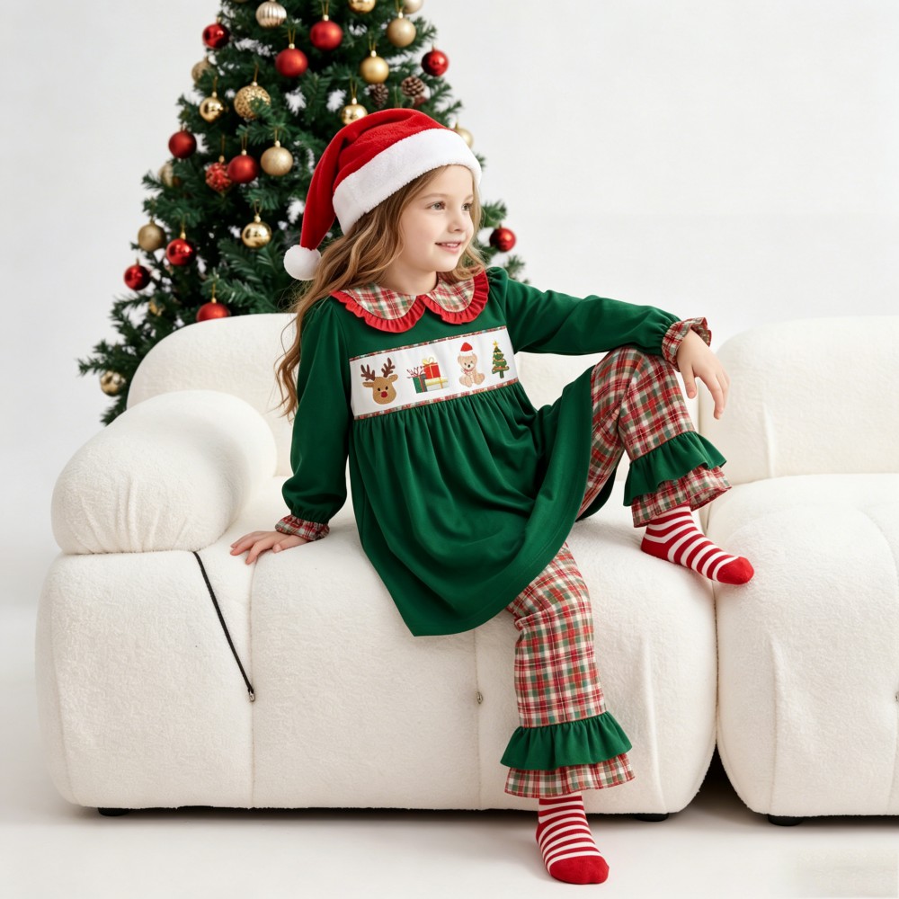 Christmas Embroidery Green Ruffle Peter Collar Girl Clothing Set