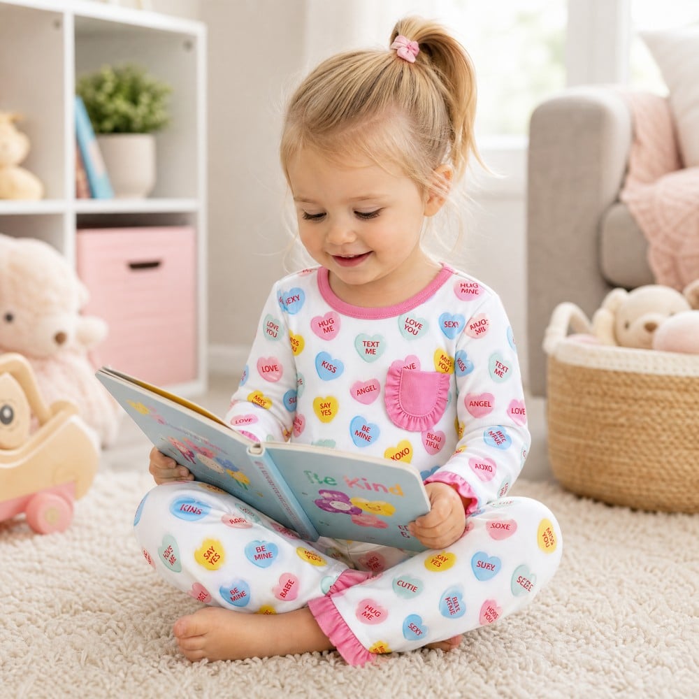 Valentine's Day Heart Print Pink Ruffle Bamboo Viscose Girl Pajamas