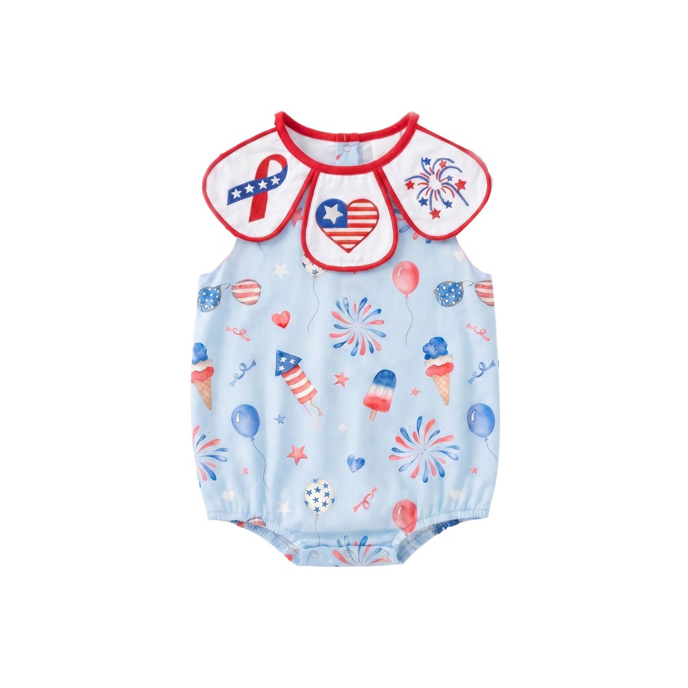 4th of July Embroidery Petal Collar 100% Cotton Baby Girls Romper