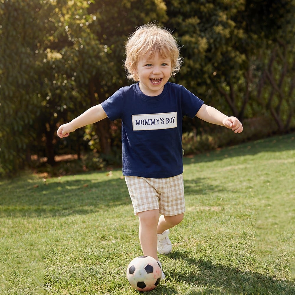 Toddler Boy Mommys Boy Navy T-Shirt and Beige Gingham Shorts Boutique Set