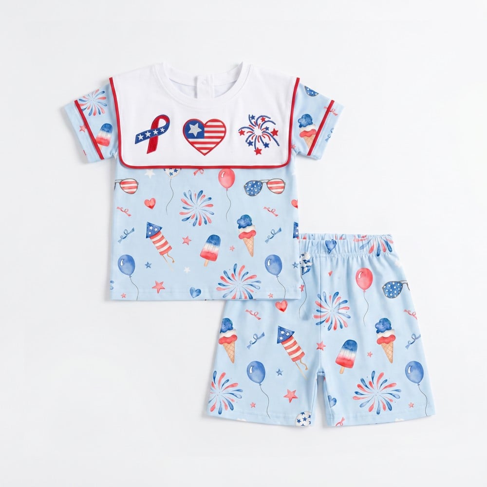 4th of July Bib Collar 100% Cotton Embroidery Boys Clothing Set