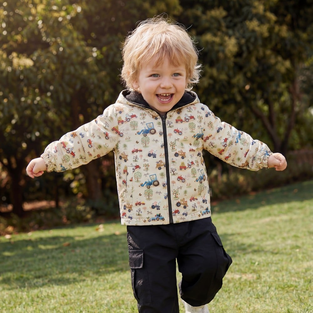 Factory Boys Farm Tractor Print Hooded Jacket with Fleece Lining
