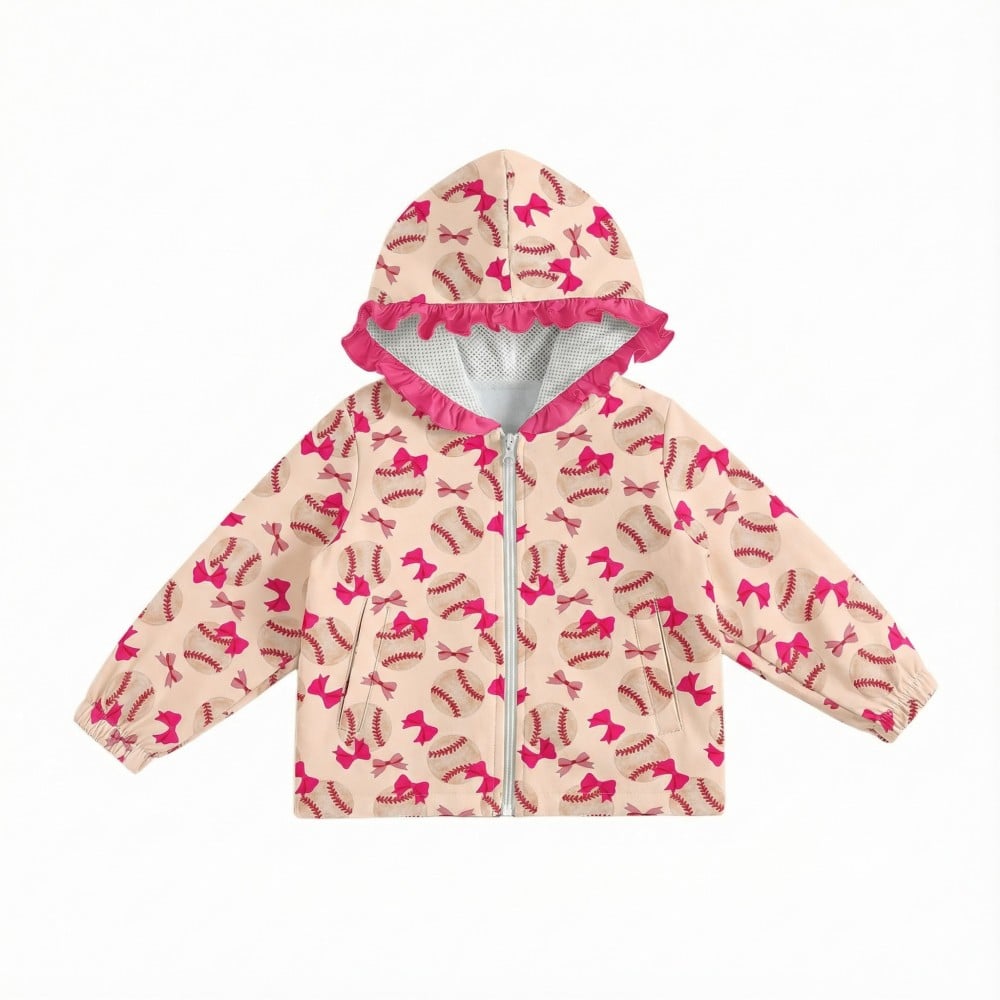 Factory Girls Baseball & Bow Print Waterproof Hooded Jacket with Ruffle