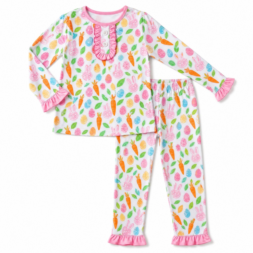 Easter Bunny Print Bamboo Viscose Pink Ruffle Kids Pajama Set