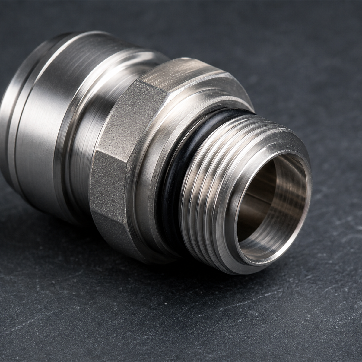Macro view of machined threads O-ring groove and bore on a liquid cooling server connector
