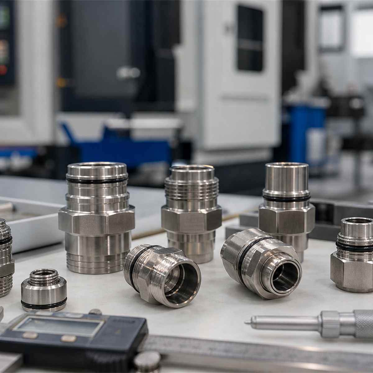 Inspection scene for custom liquid cooling server connectors with machined samples and caliper