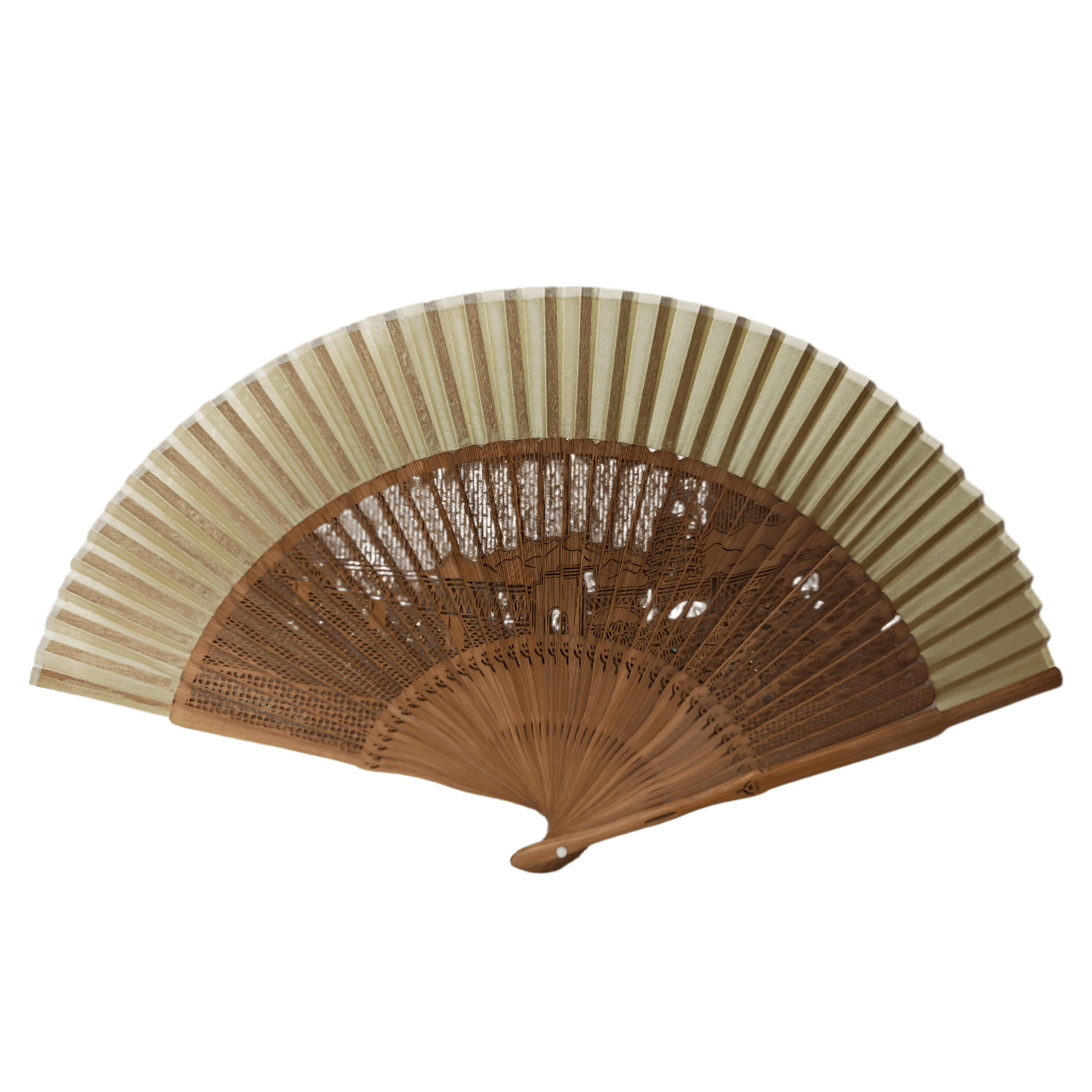 Vintage Chinese Carved Landscape Bamboo Hand Fan – Intricate Filigree Folding Fan with Fabric Edge for Cultural Souvenirs & Events