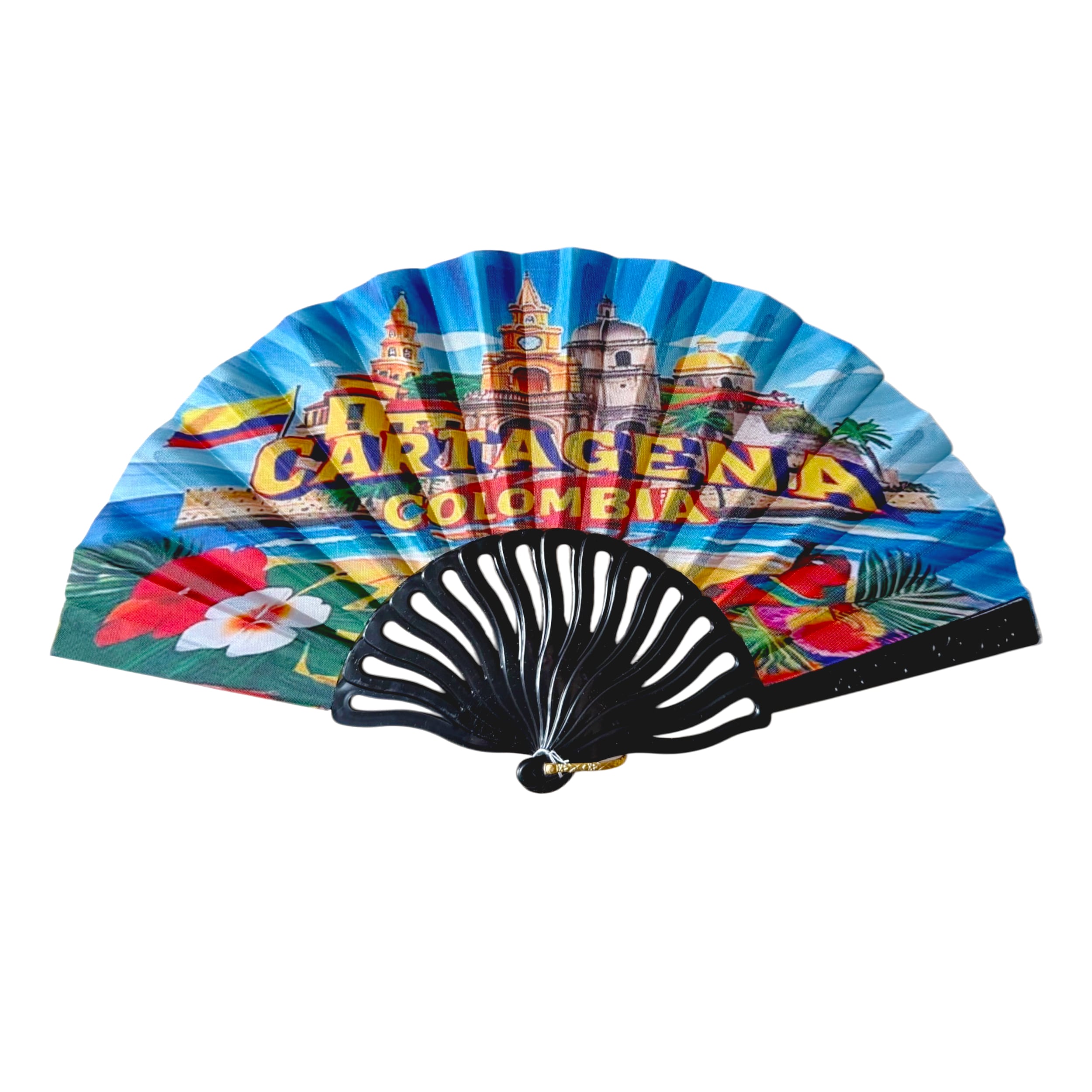 Custom Cartagena Colombia Tropical Printed Fabric Plastic Hand Fan with Openwork Ribs for Tourist Souvenirs & Resort Swag