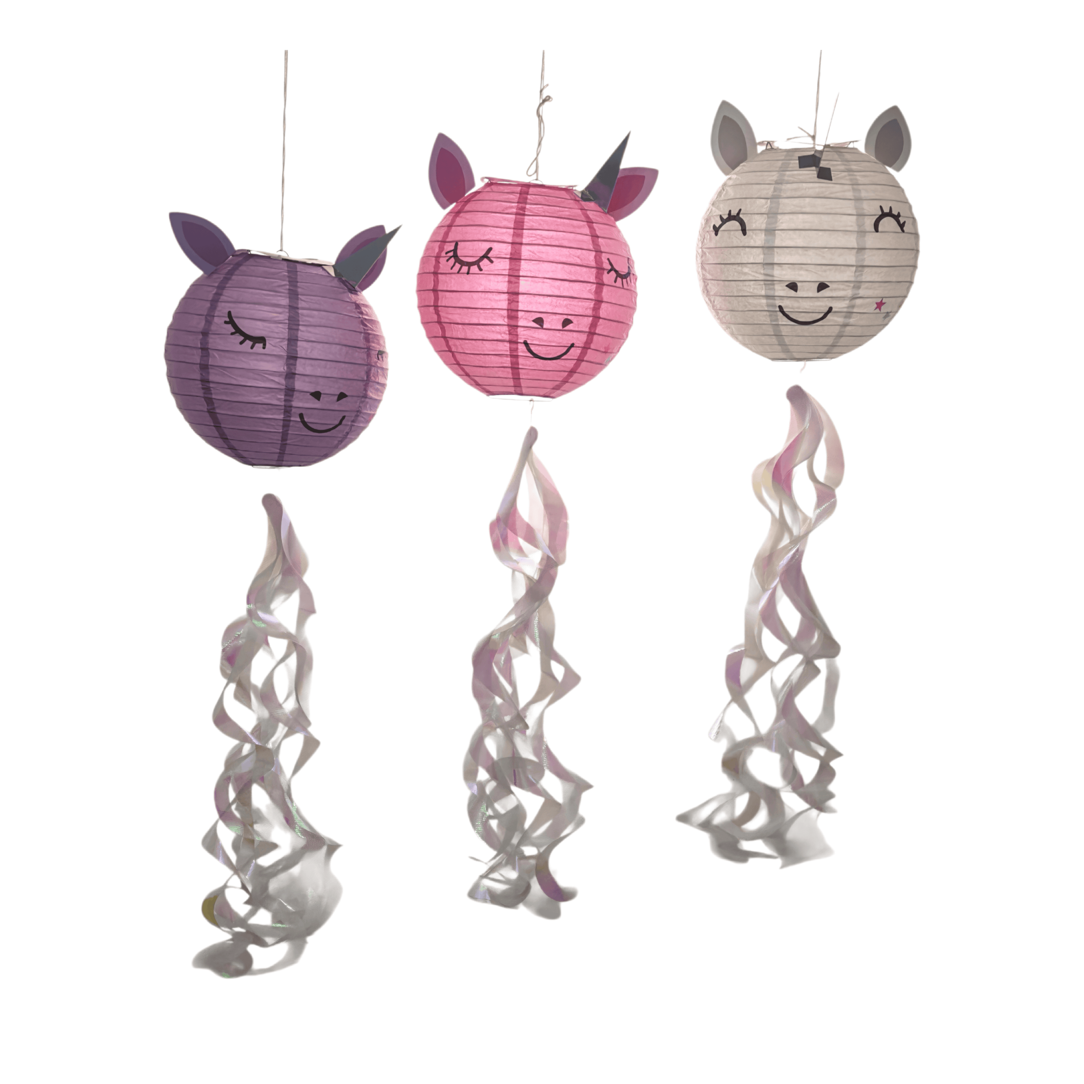 Magical Unicorn Paper Lanterns with Iridescent Ribbon Tails – 3D Unique Shaped Hanging Decor for Kids' Parties & Baby Showers