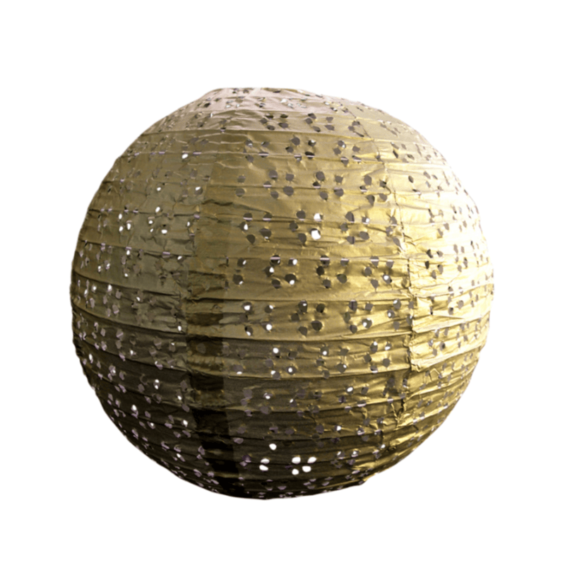 Metallic Gold Round Eyelet Paper Lantern – Luxurious Floral Cutout Hanging Decor for Weddings, Galas & Upscale Events