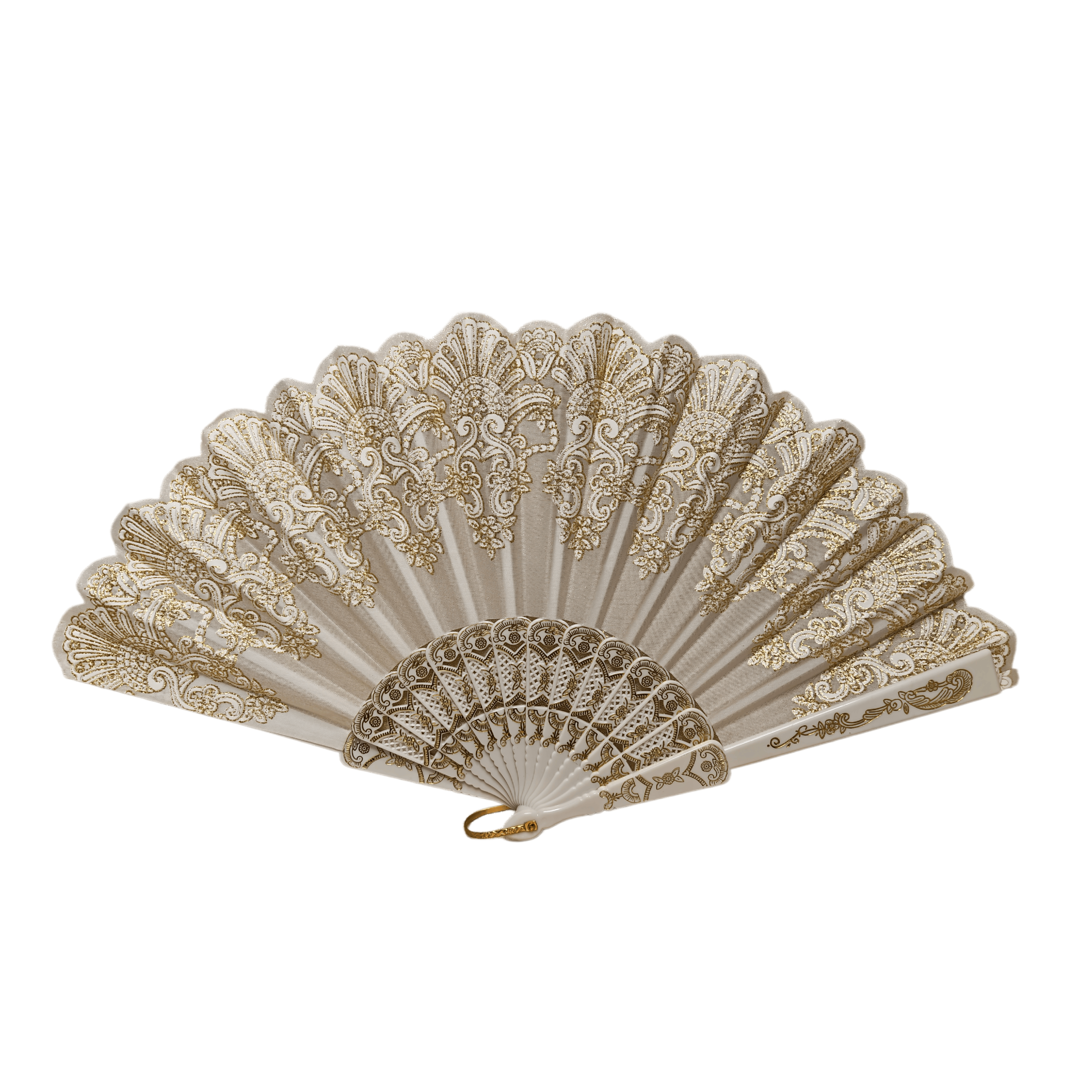 23cm Spanish Style Hand Fan – Premium White & Gold Baroque Scalloped Folding Fan for Weddings & Bridal Favors