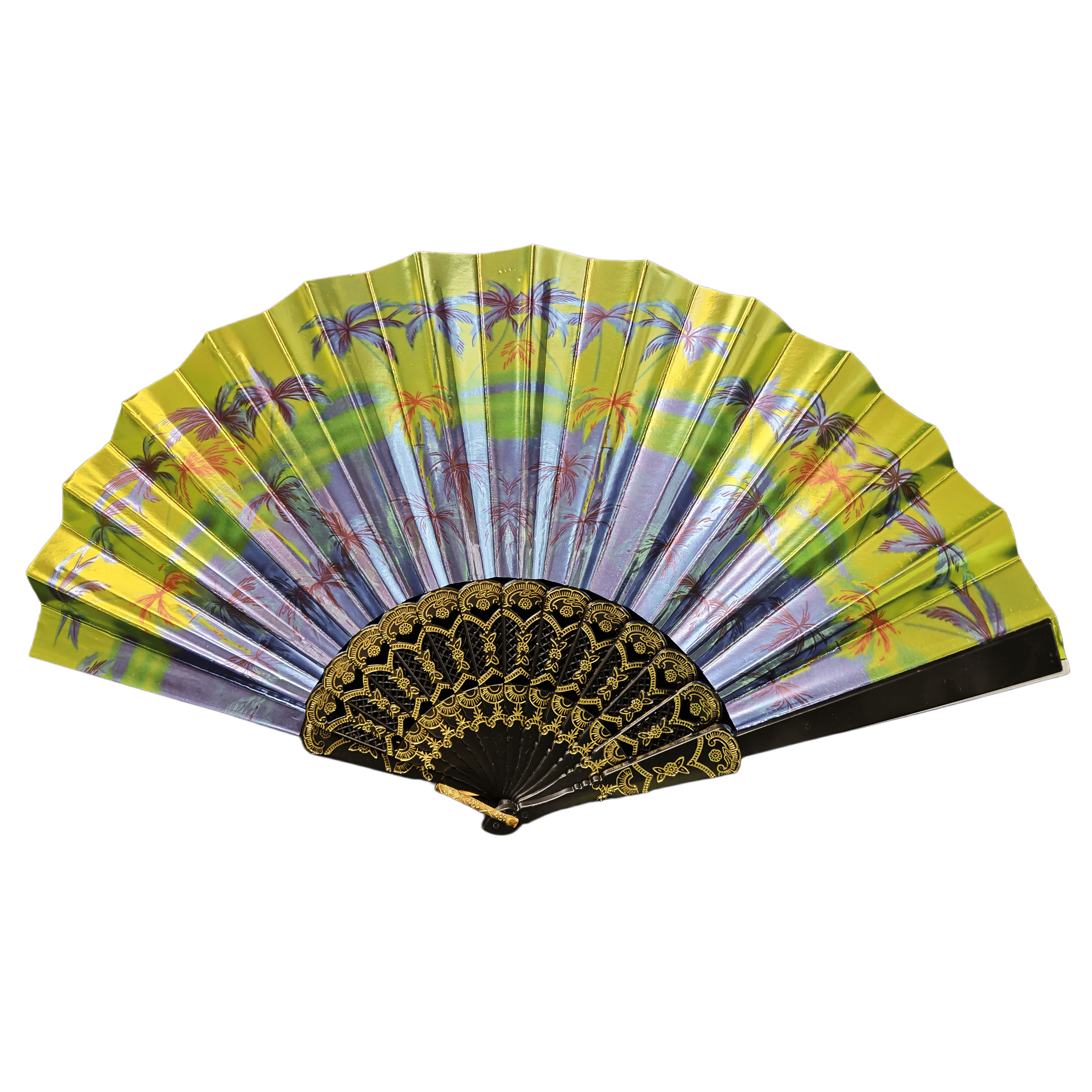 Metallic Foil Tropical Palm Hand Fan – Neon Sunset Plastic Folding Fan with Gold-Stamped Ribs for Resorts & Beach Clubs