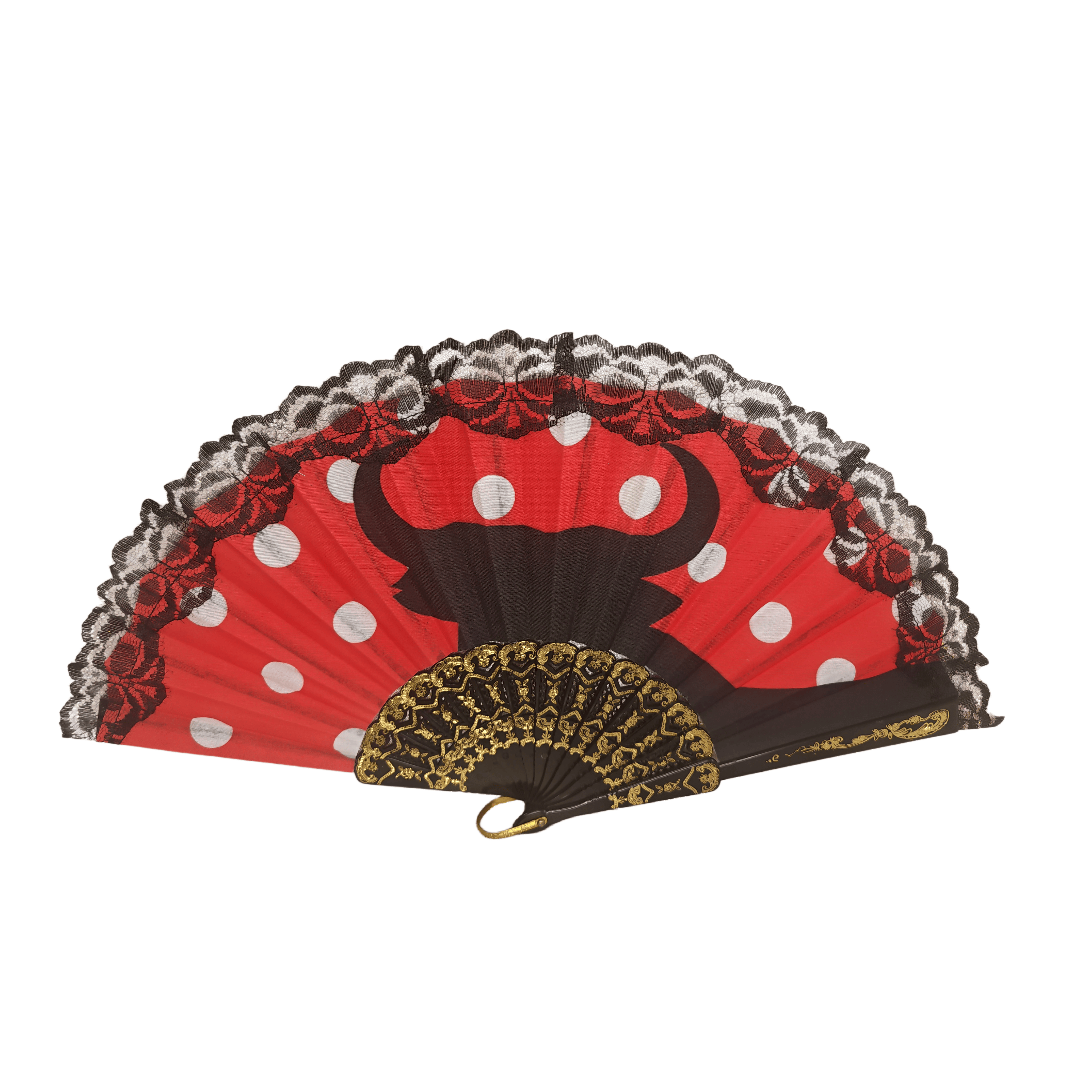 23cm Spanish Style Hand Fan – Traditional Flamenco Polka Dot & Bull Folding Fan with Black Lace Edge for Tourism & Dance