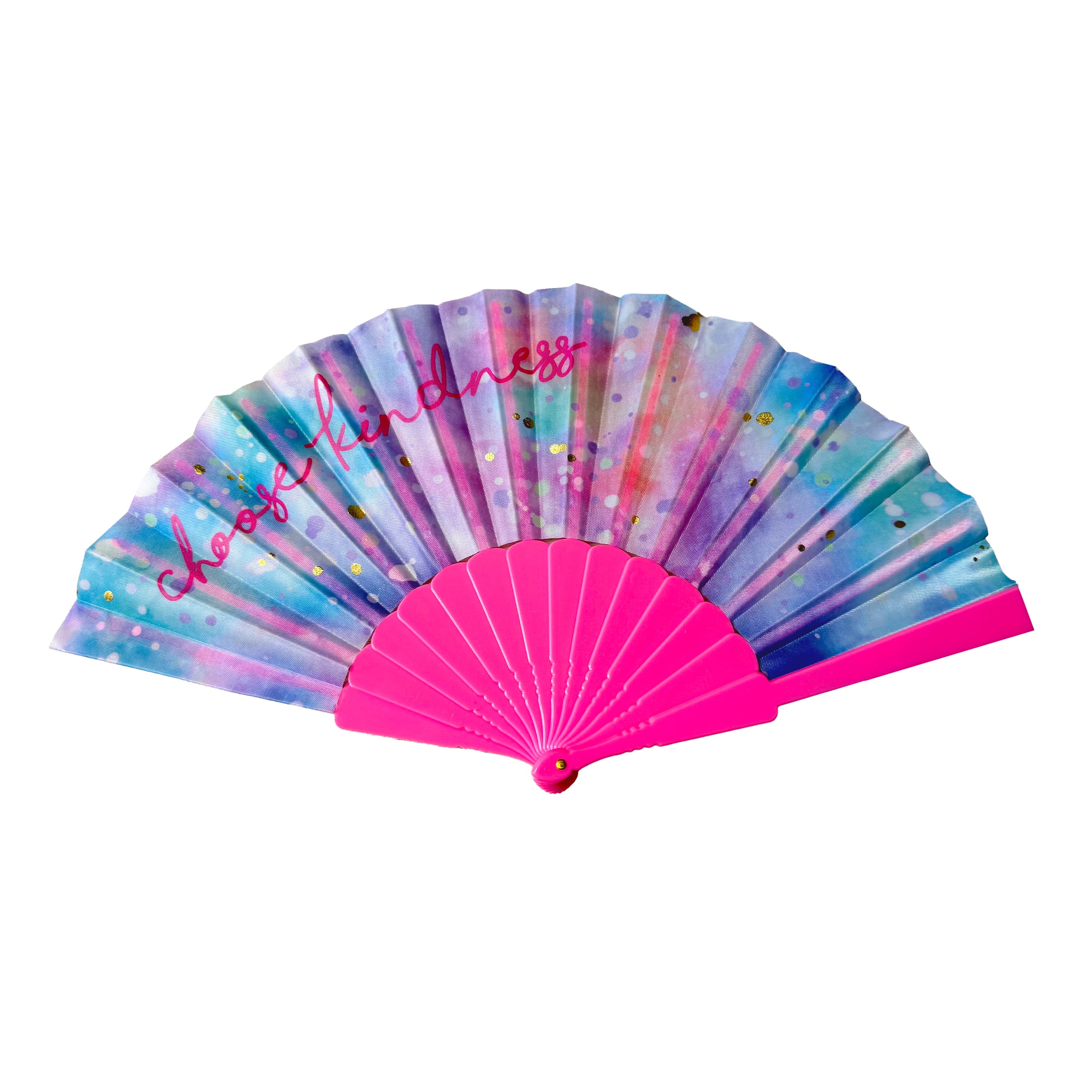 Dreamy Watercolor Gradient Fabric Plastic Hand Fan with Gold Foil Accents for Festivals, Pride Events & Inspirational Swag