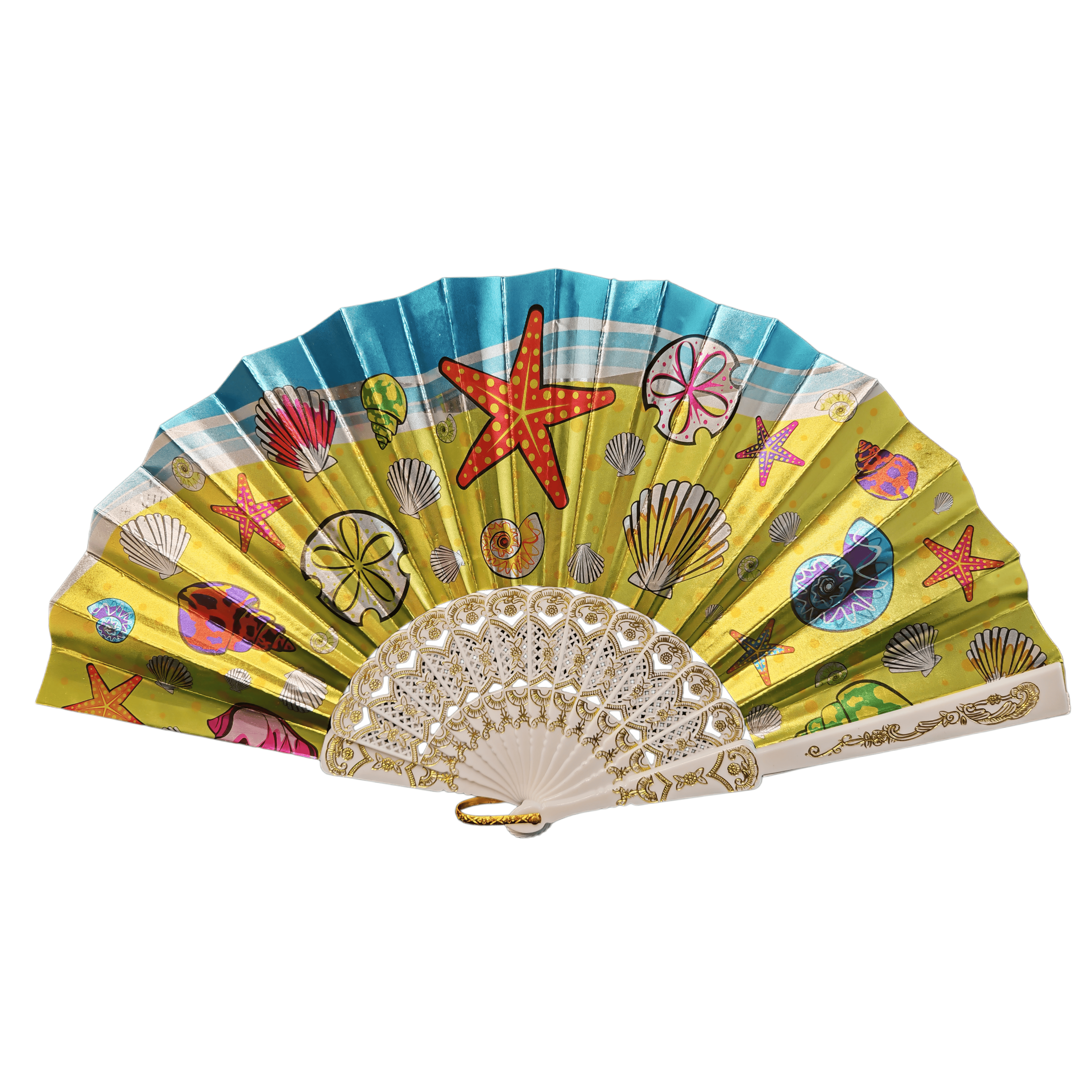 Metallic Foil Seashell & Starfish Hand Fan – Elegant Coastal Souvenir Paper Plastic Folding Fan with Gold-Stamped White Ribs