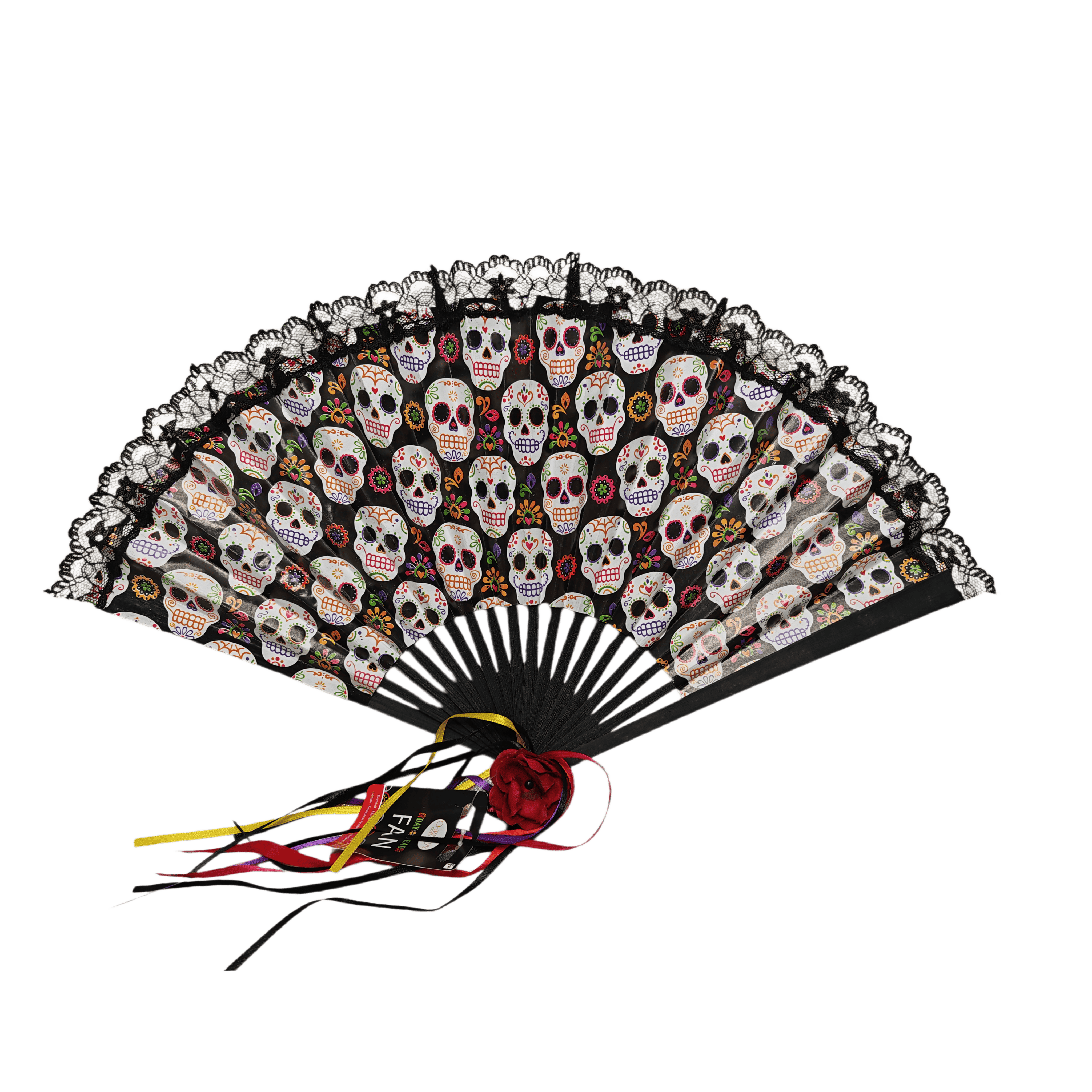 Day of the Dead Sugar Skull Fabric Bamboo Hand Fan – Gothic Lace Edge Folding Fan for Halloween & Cultural Festivals