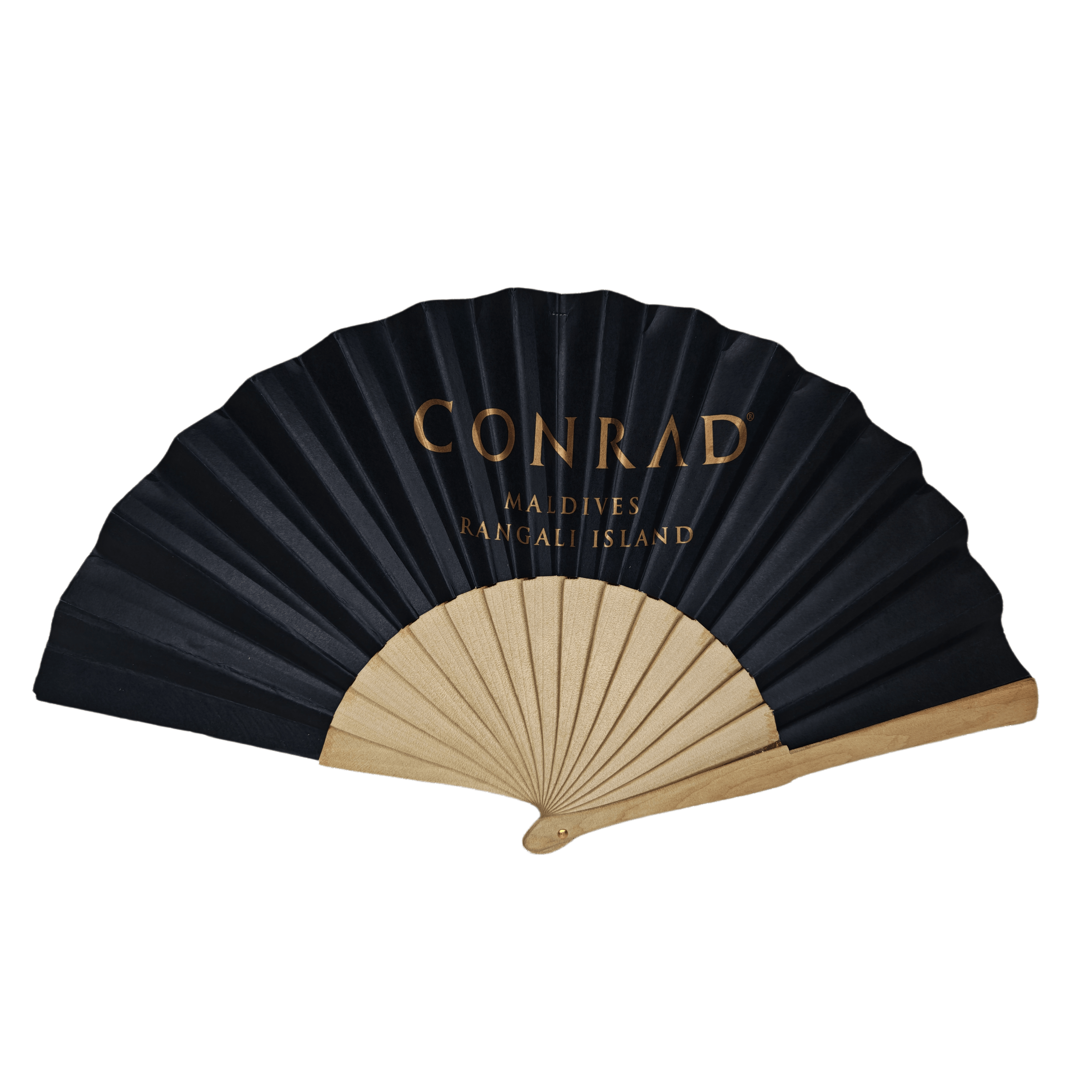 Luxury Black Paper Wooden Hand Fan – Custom Gold Foil Branded Folding Fan for Resorts, Destination Weddings & VIP Hospitality