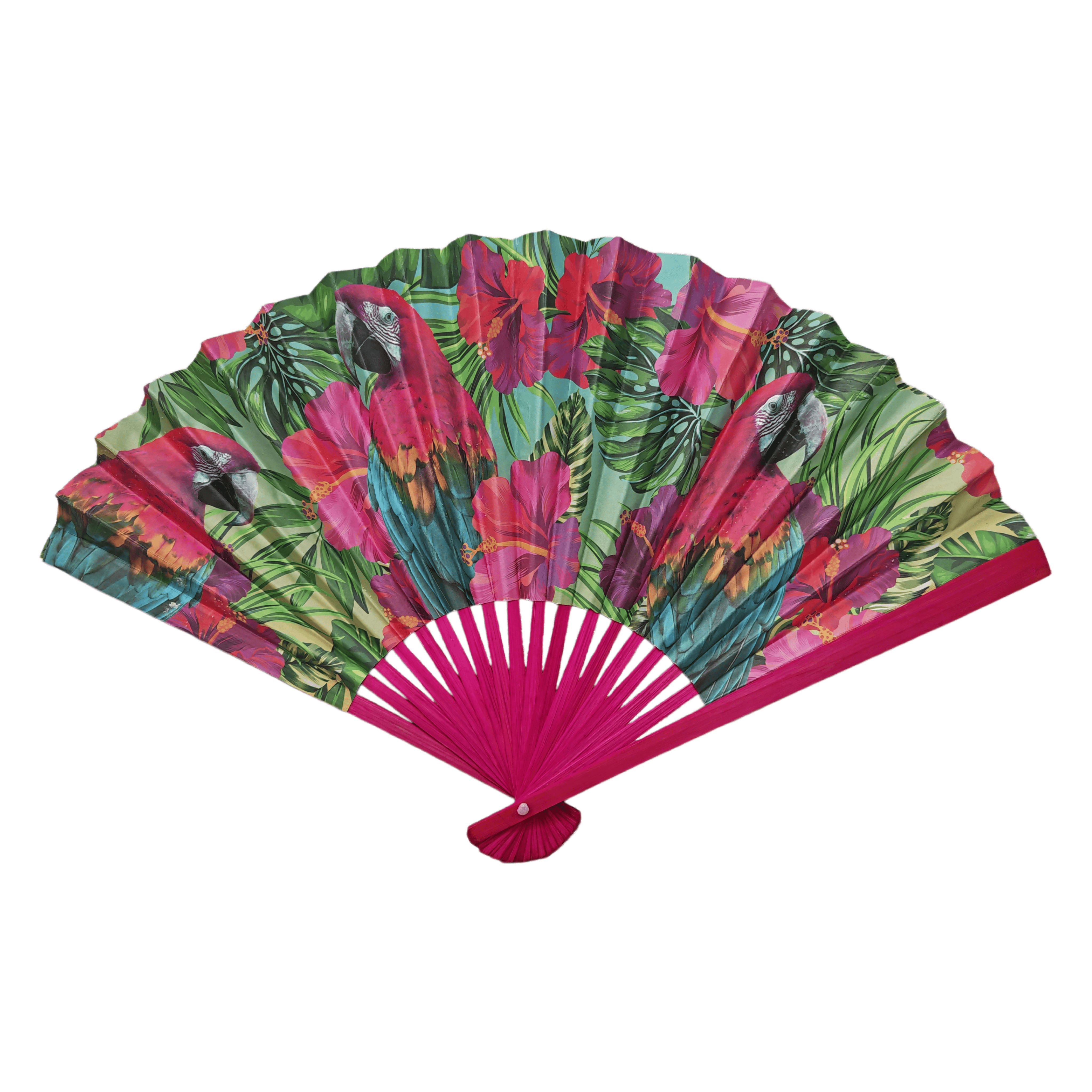 Tropical Parrot Paper Bamboo Hand Fan – Vibrant Luau Folding Fan with Color-Matched Painted Ribs for Beach Resorts & Summer Parties