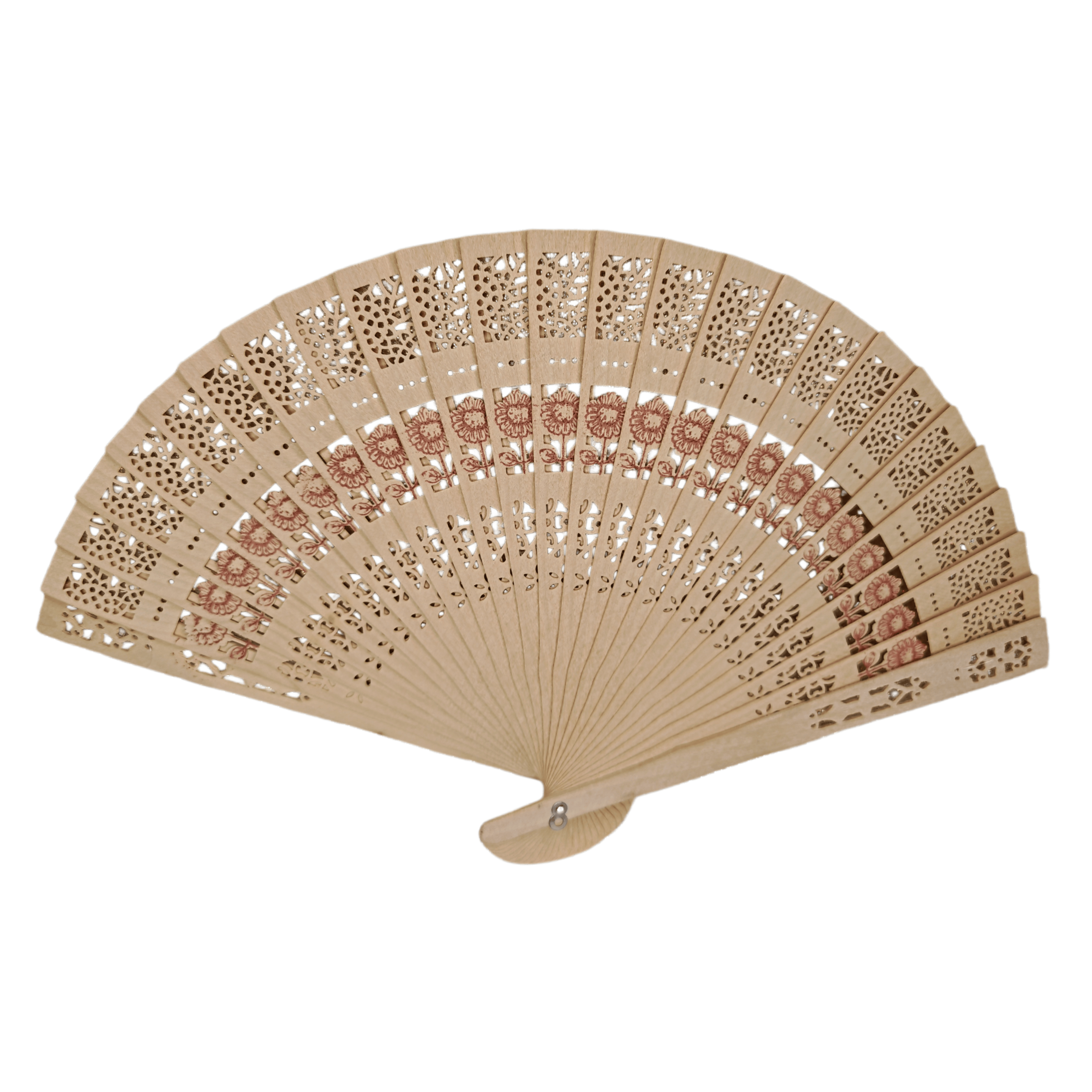Painted Floral Carved Sandalwood Folding Fan – Vintage Filigree Wooden Hand Fan for Spring Weddings, Boho Favors & Tea Parties