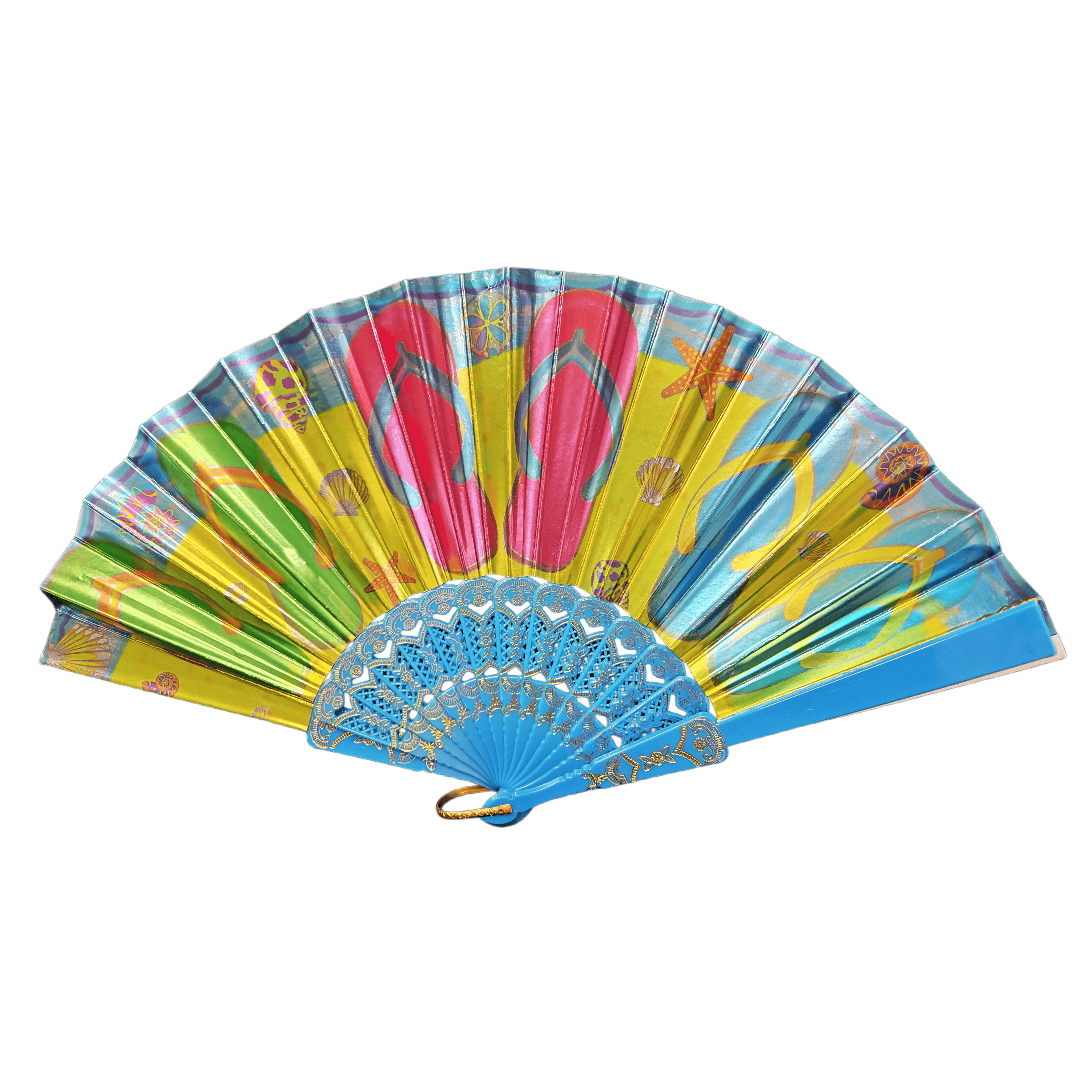 Metallic Foil Beach Vacation Hand Fan – Tropical Flip-Flop Souvenir Paper Plastic Folding Fan with Blue Gold-Stamped Ribs