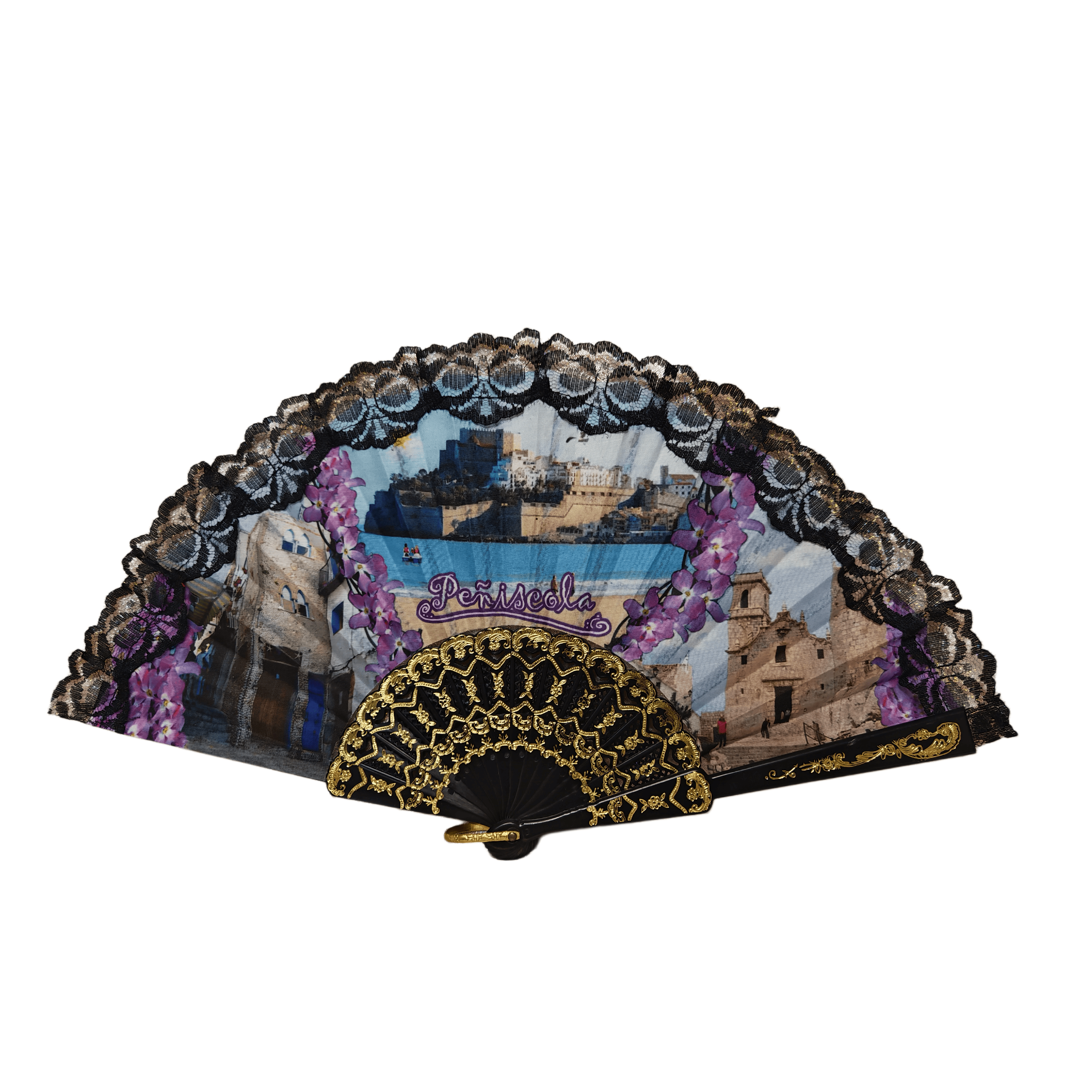 23cm Spanish Style Hand Fan – Custom Coastal Heritage Photographic Print Folding Fan with Black Lace & Gold-Stamped Ribs