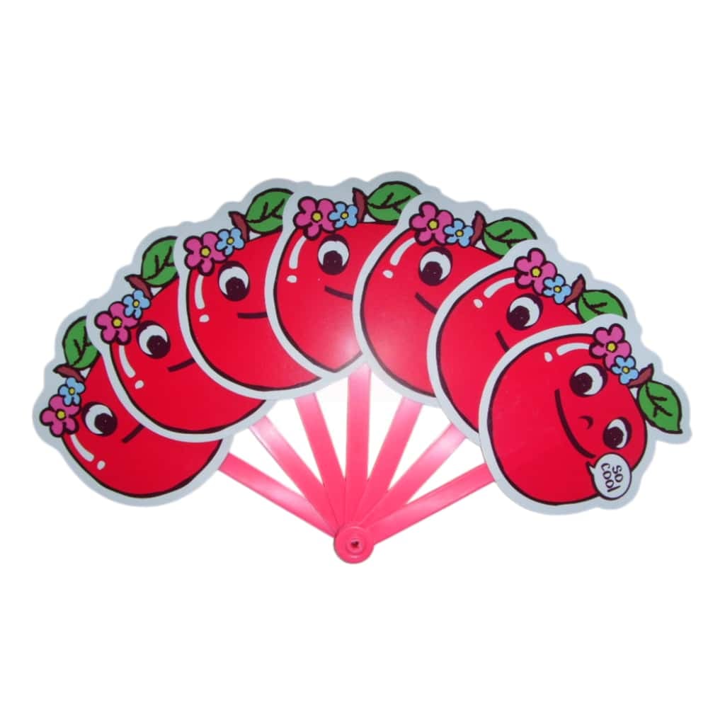 Custom Die-Cut Fruit PP Folding Fan – Cartoon Apple Multi-Blade Plastic Fan for F&B Promos, Juice Brands & Summer Festivals